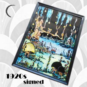 Vintage Reverse Glass Painted Foil Art Fantasy Signed Dated 20s Collectible Art